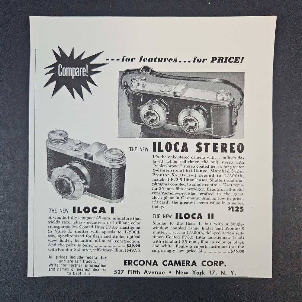 1951 Ercona Camera Corporation Iloca I II Stereo Vintage Print Ad‎ New York